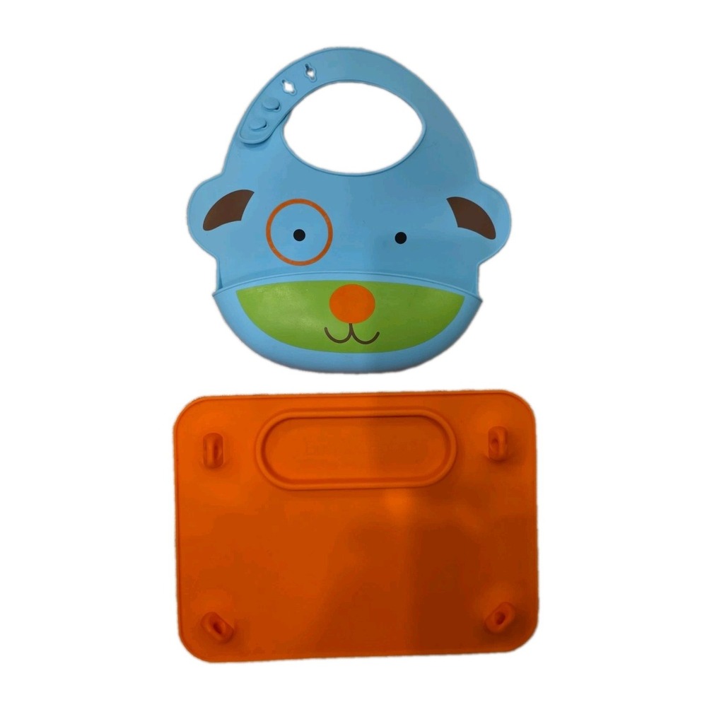 Zoo Fold & Go Silicone Bib And Busy Baby Silicone Placemat Orange Blue Toddler